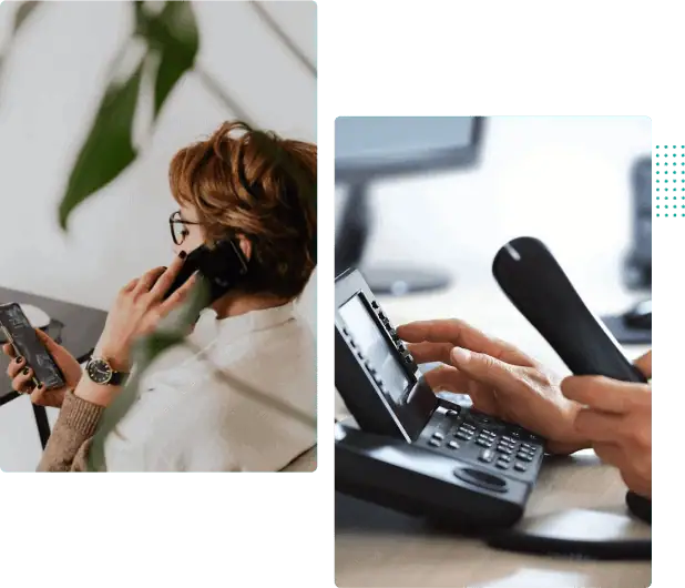 A woman working at her desk, talking on a landline phone and using a smartphone for business communication.