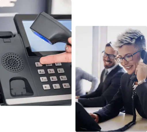 Fingerprint scanner placed on office desk alongside people in a business meeting, emphasizing secure access technology and professional communication solutions.
