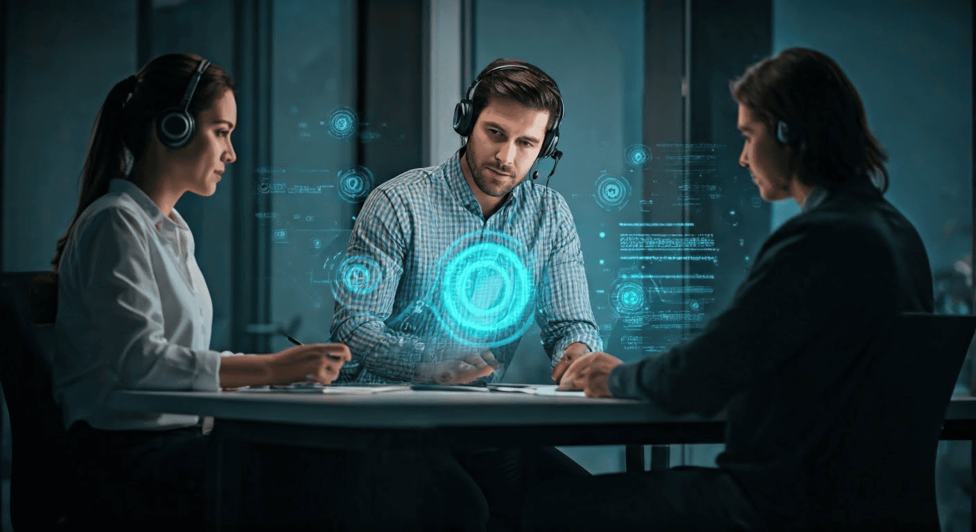 AI-powered customer service team using advanced technology for streamlined communication, digital interfaces, and virtual assistance, representing innovative business solutions.