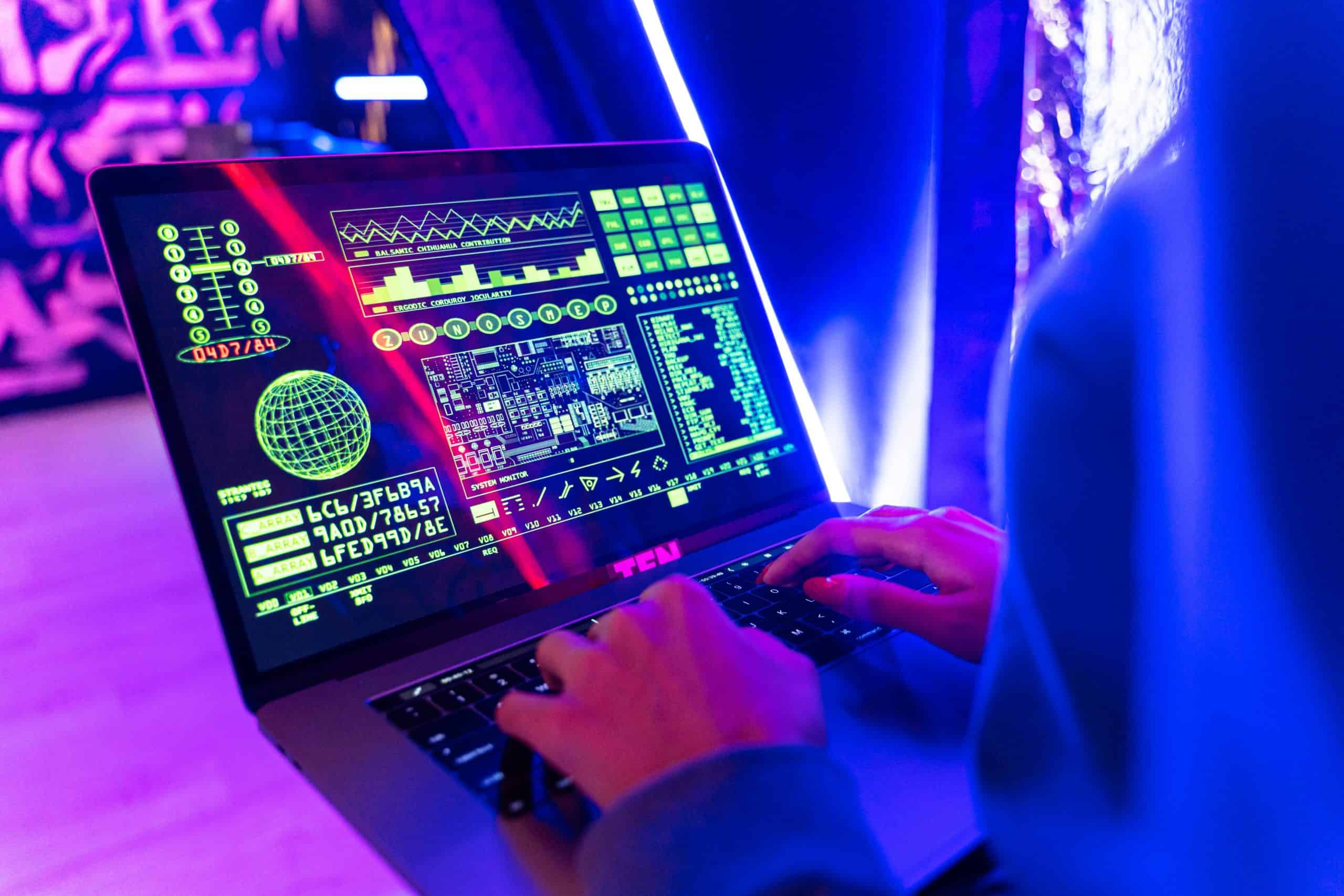 AI-generated tech interface on laptop screen showcasing futuristic digital data visualization and cybersecurity concepts in a neon-lit environment.