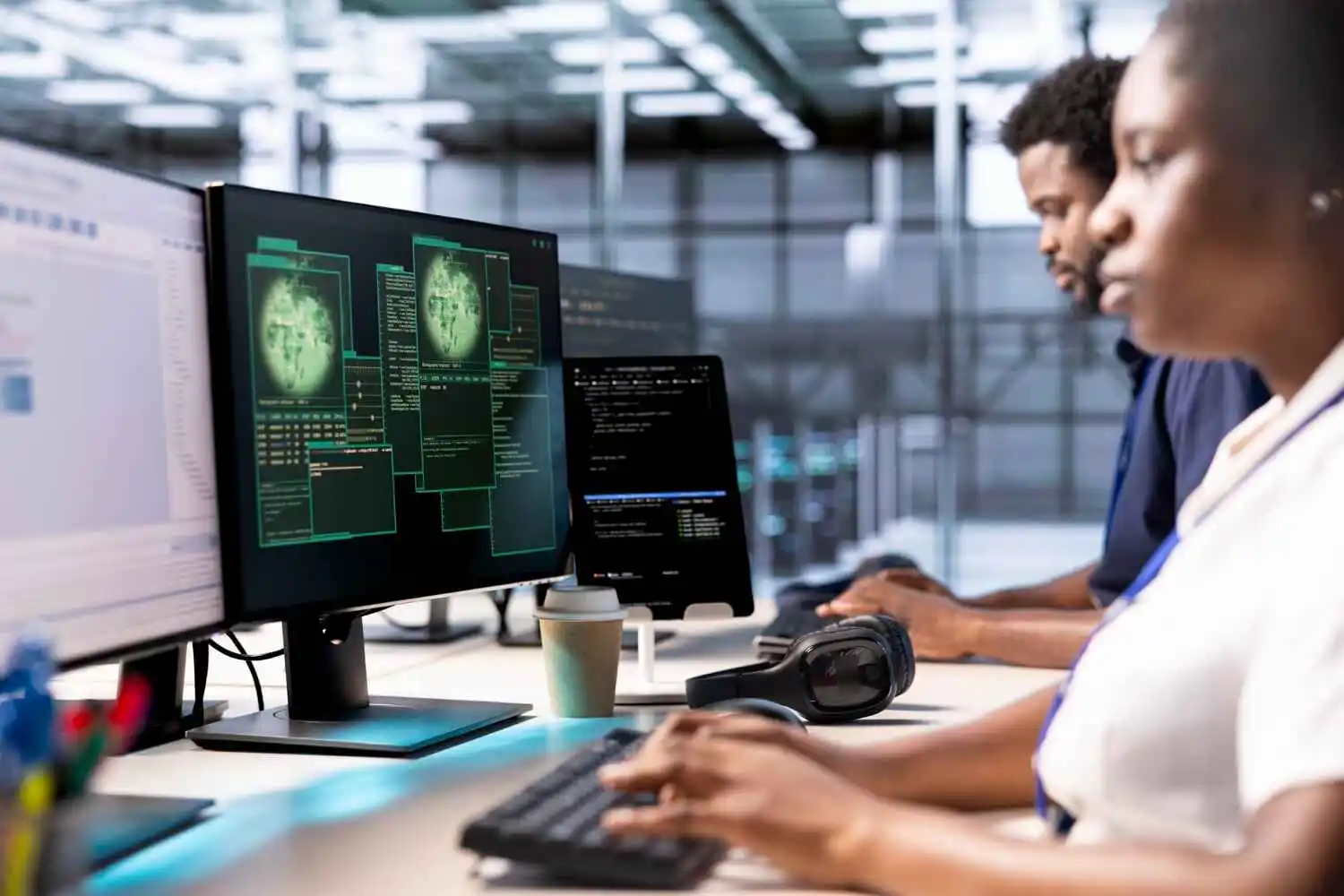 Man monitoring network activity on a computer screen.