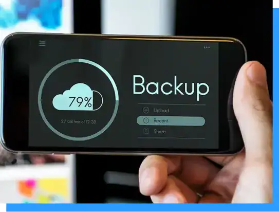 High-quality image of a smartphone screen displaying a data backup process with Rivell cloud storage interface, emphasizing secure data protection and backup solutions.