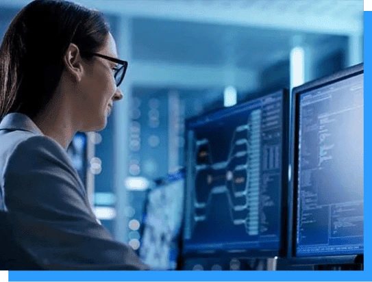 High-tech cybersecurity analyst working on multiple computer screens with data and network monitoring for enhanced digital security.