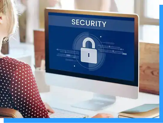 Secure computer screen displaying security lock icon and cybersecurity concepts.