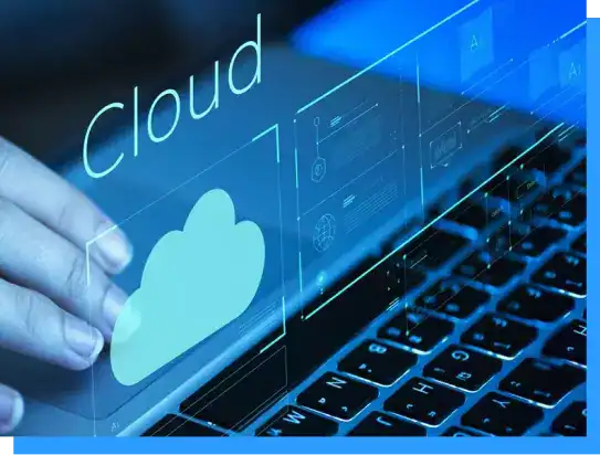 Cloud computing illustration with a hand interacting with a digital cloud icon on a laptop screen.