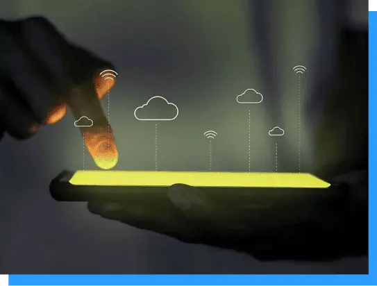 Wireless connectivity technology using a smartphone with cloud icons and Wi-Fi signals for seamless data transfer and IoT integration.
