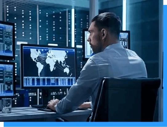 Advanced cybersecurity analyst working on global data protection at Rivell cybersecurity company in a high-tech operations center.