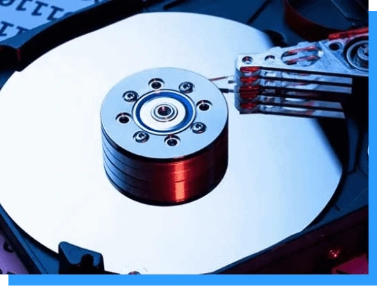 High-resolution close-up of a hard disk drive platter and actuator arm, showcasing data storage technology and precision engineering in digital storage devices.