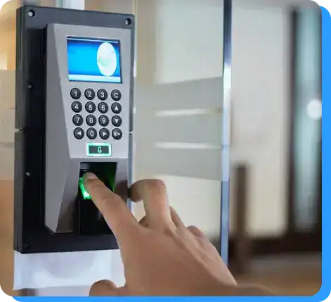 Contactless biometric access control keypad with fingerprint scanner for secure building entry.