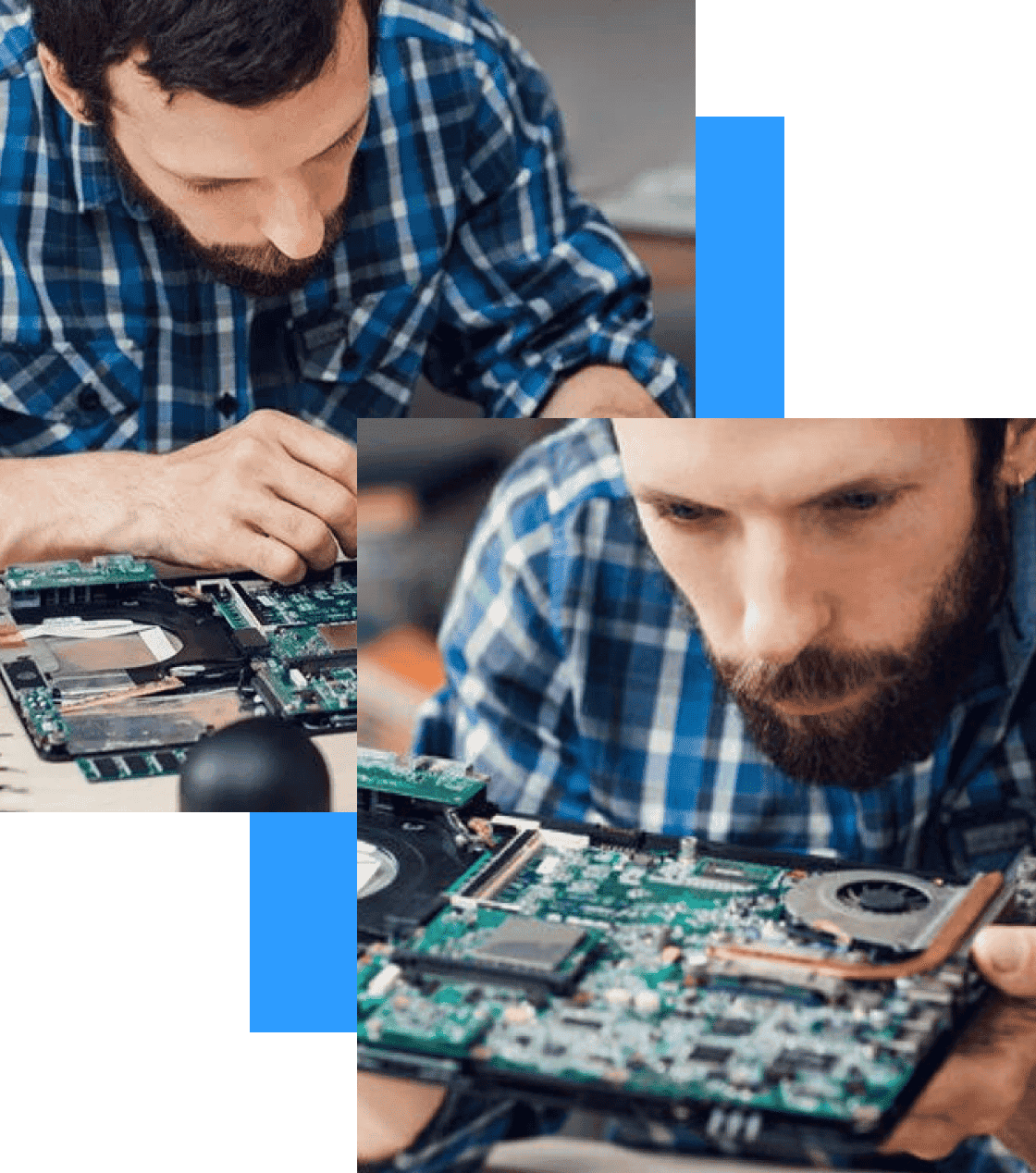 High-tech technician repairing a laptop motherboard indoors, demonstrating electronic hardware repair skills, with a focus on circuit boards, soldering, and computer hardware components.