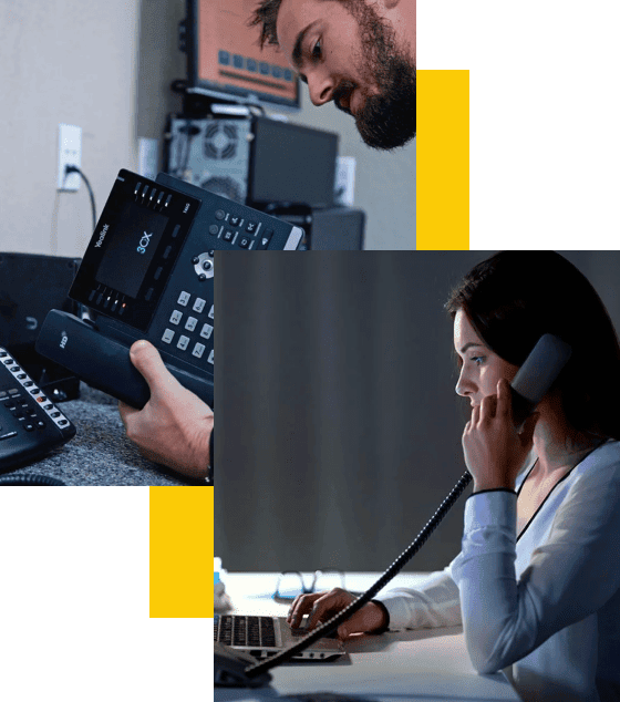 A woman working at her desk, talking on a landline phone and using a smartphone for business communication.
