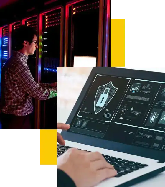 Server room with network racks and glowing lights, cybersecurity and data protection on laptop screen, emphasizing IT security solutions, secure data management, and advanced cyber defense.