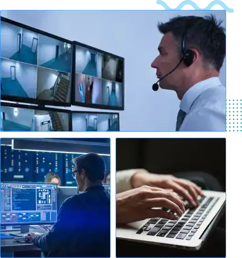 Security monitoring operator monitoring multiple surveillance cameras for real-time security surveillance.