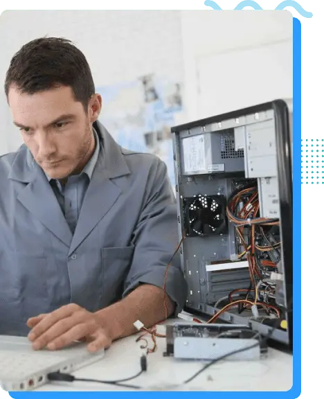 High-tech computer repair technician working on a desktop pc with open case, electrical components, and wiring, emphasizing professional IT services and hardware troubleshooting.