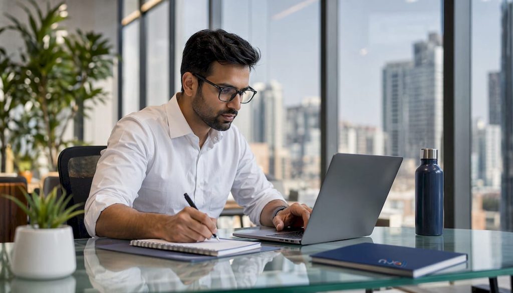 IT professional working at desk with computer and notes