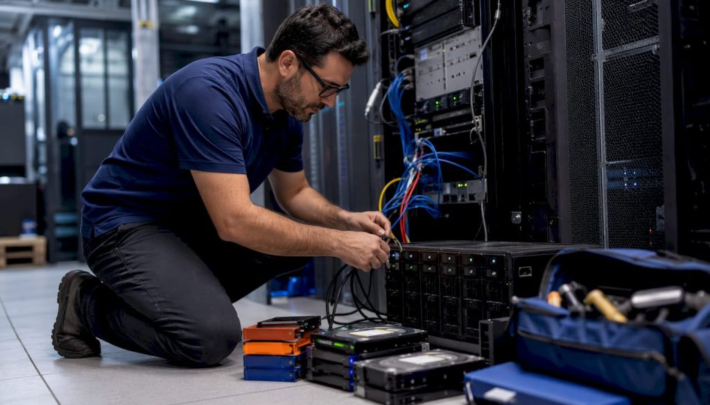 IT professional preparing server and backup hardware for business infrastructure