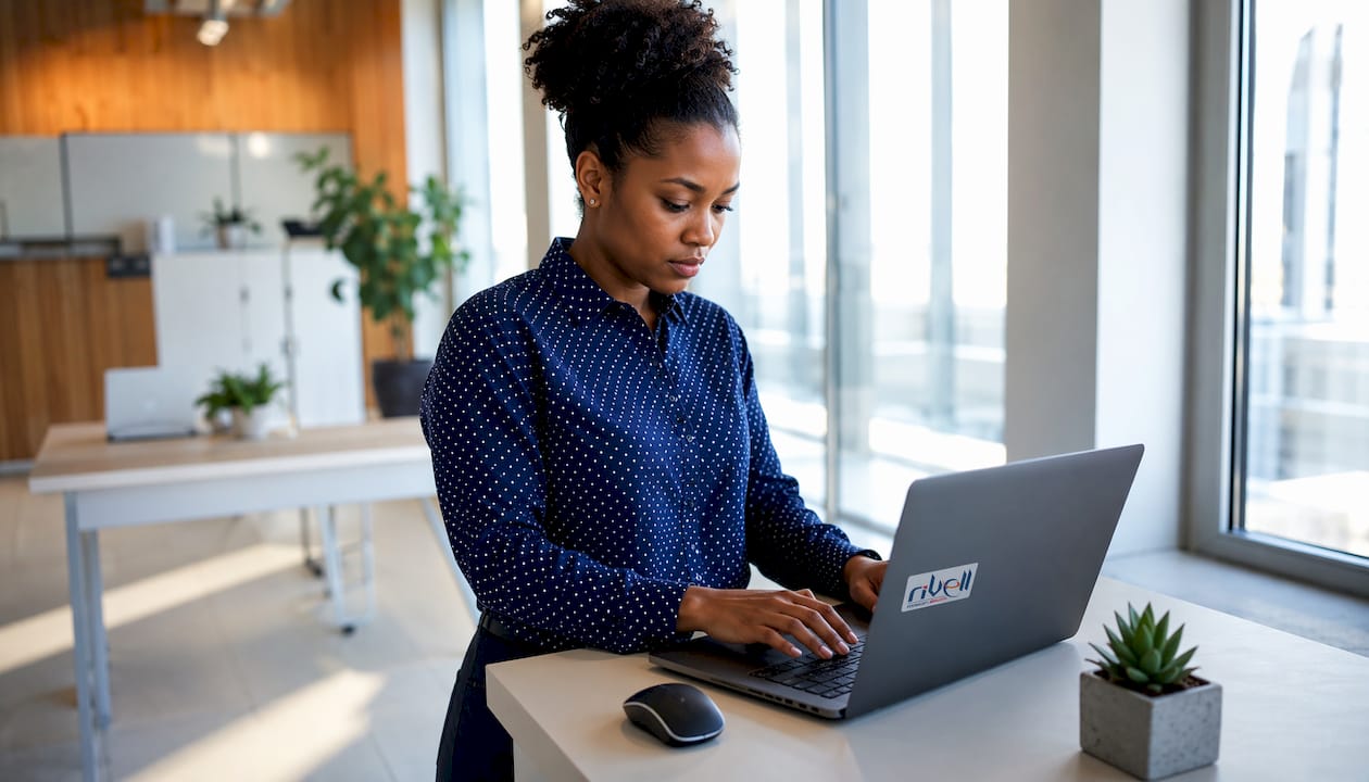 Hands typing on laptop at standing desk
