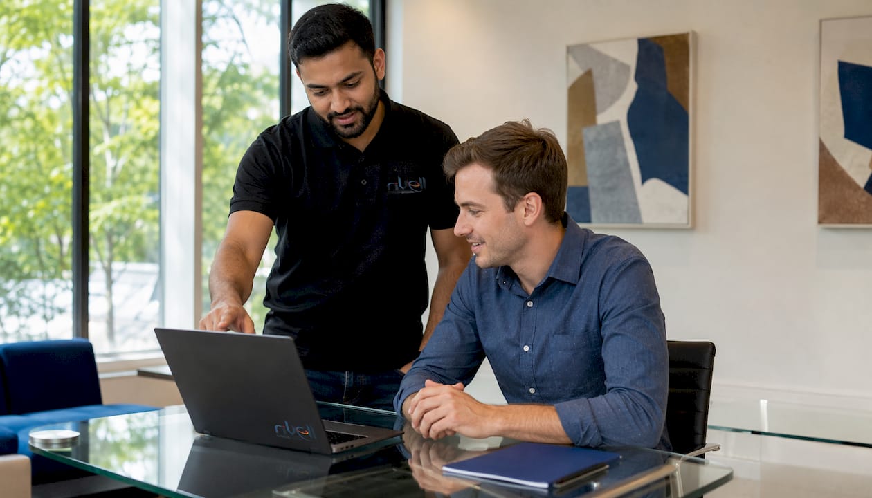IT technician assisting employee with computer issue