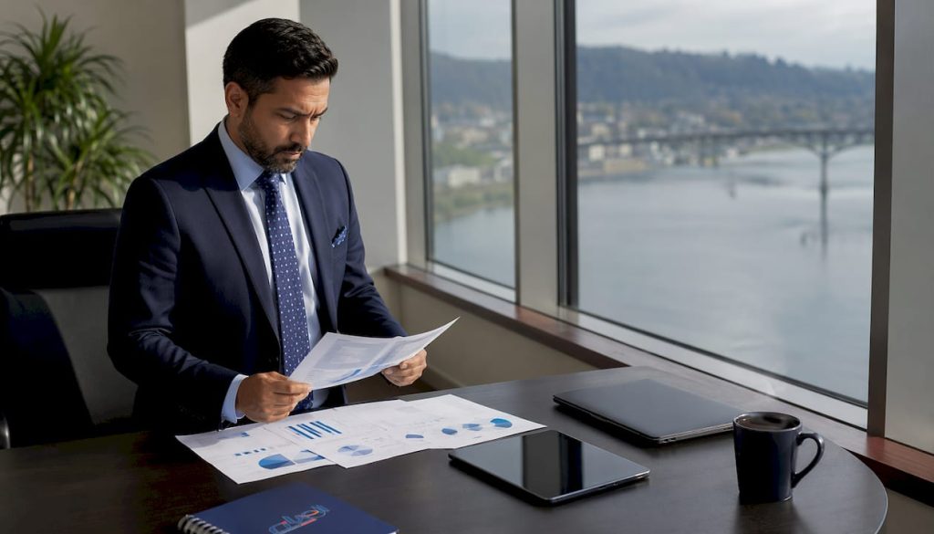 Executive reviewing IT outsourcing documents