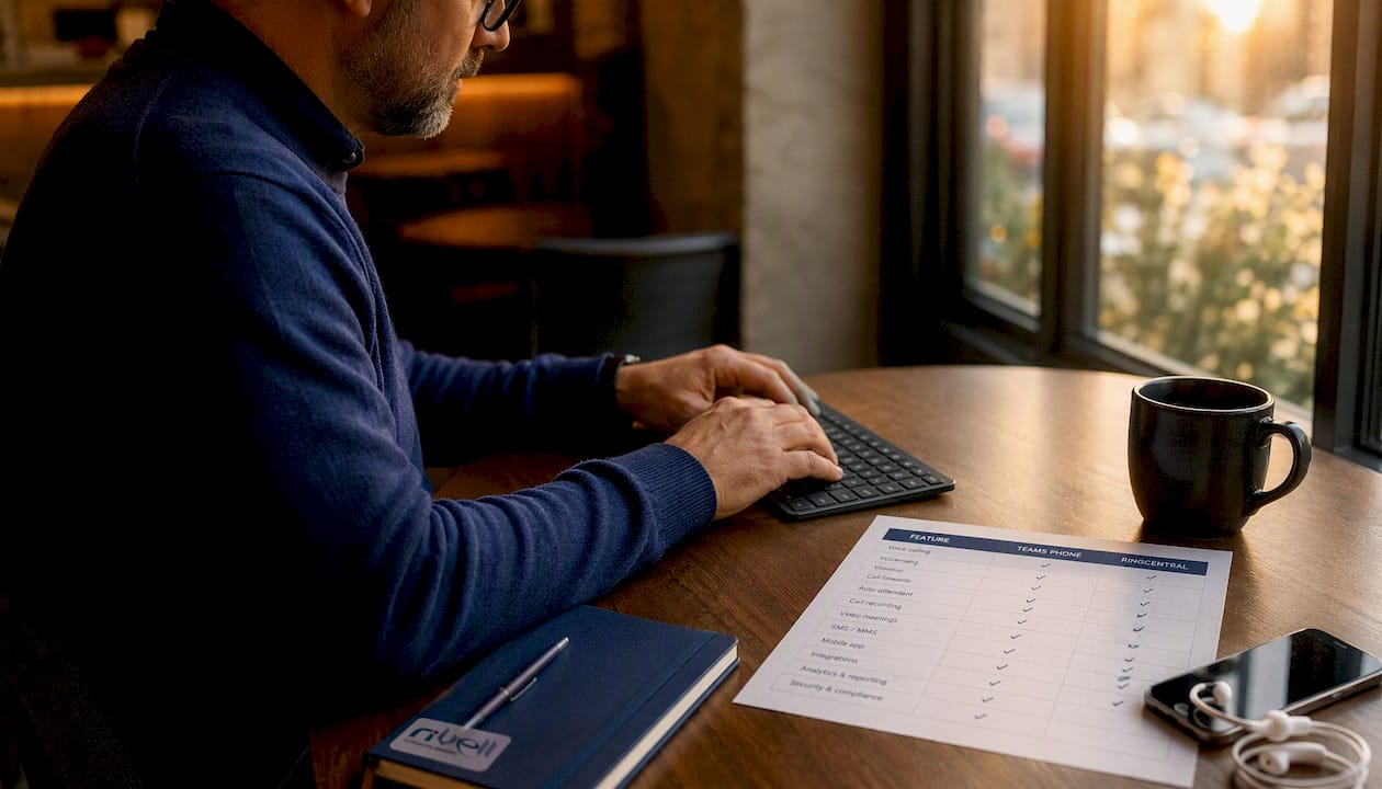 Hands typing with phone system feature checklist