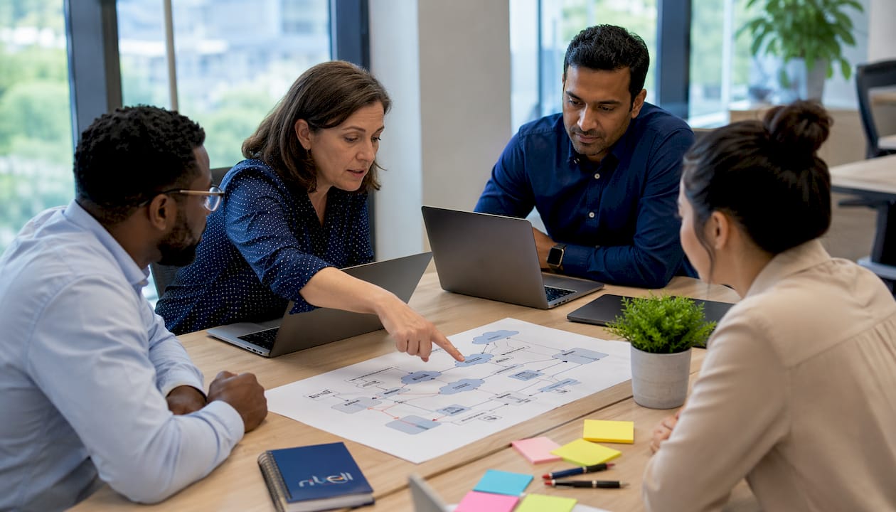 Team reviewing PSTN connectivity diagram overhead view