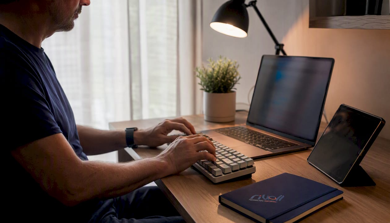 Hands typing managing password vault in IT room