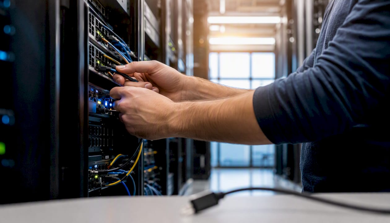 Hands connecting network cable in server rack