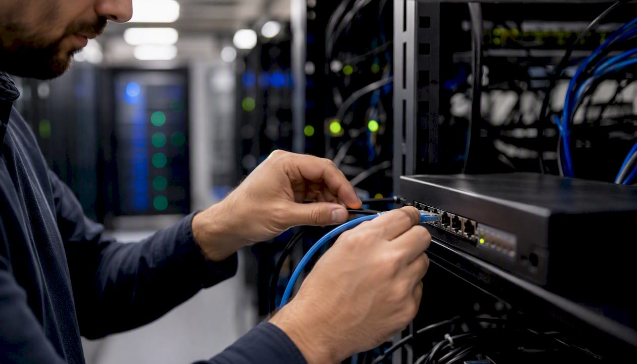 Hands connecting network cable to router