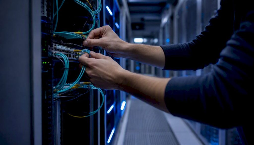 Hands connecting network cables in data center