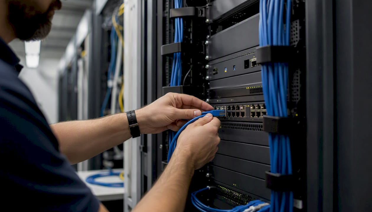 Technician connecting network switch cable
