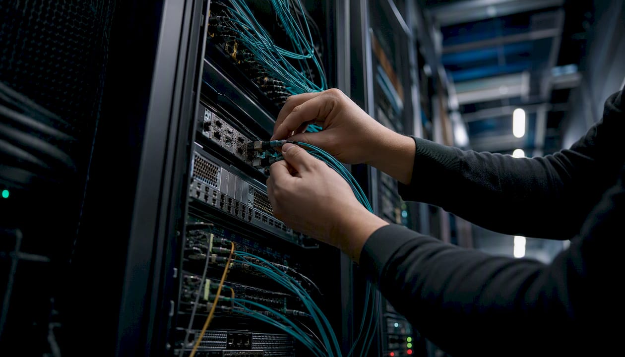 Hands connecting fiber optic cables in data center