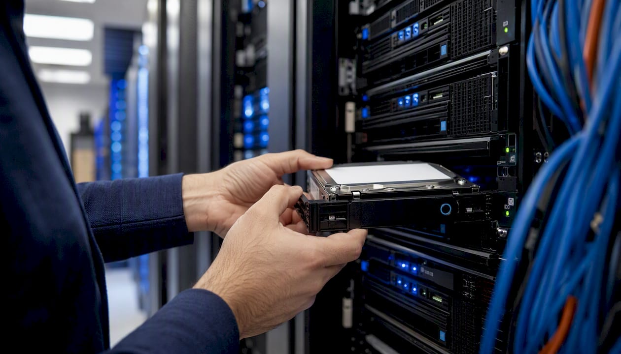 Hands handling backup hardware in server room