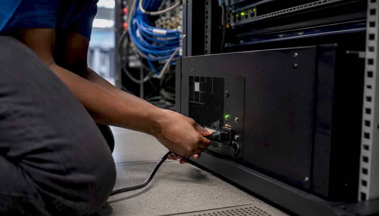 Hands connecting power to UPS device