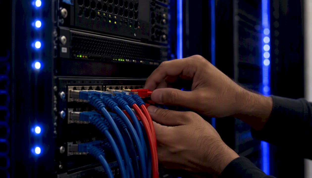 Hands connecting network cables in server rack