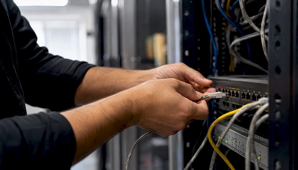 Hands plugging network cable into switch