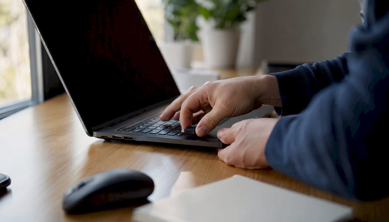 Hands inserting security key into laptop