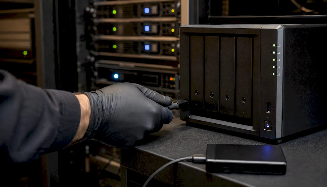 Hand connecting external backup drive to NAS