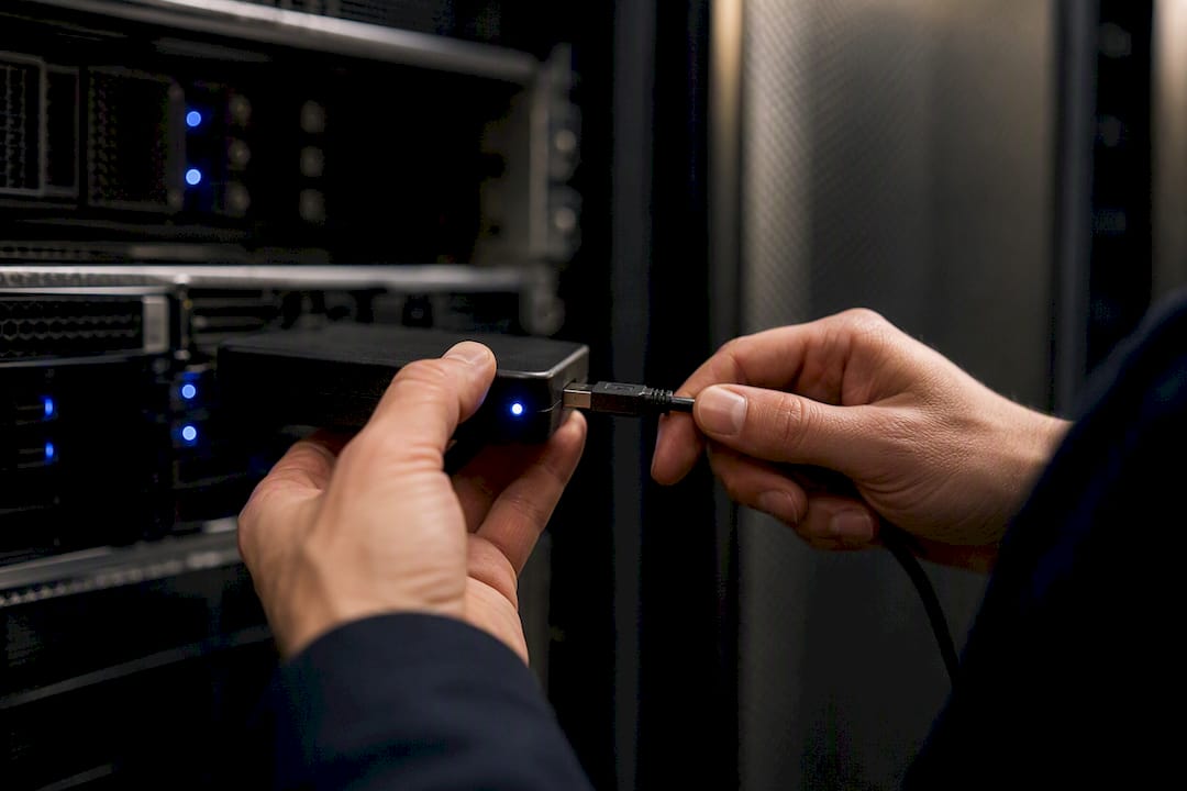 Hands disconnecting backup drive from server