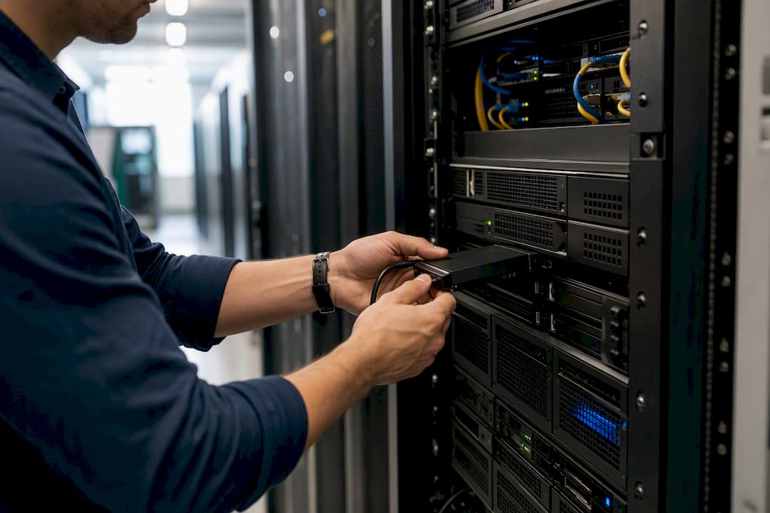 Hands connecting backup drive in server room
