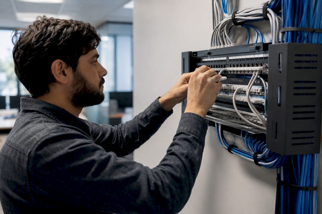 Hands managing network patch panel cables