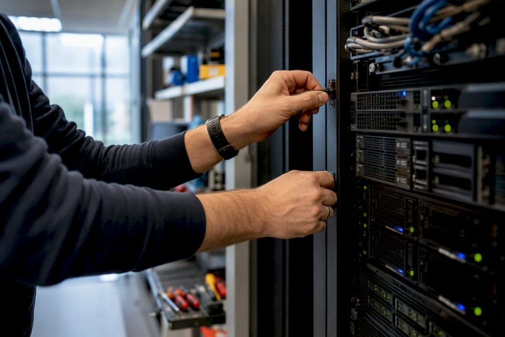 Technician tightening locking screw on server rack