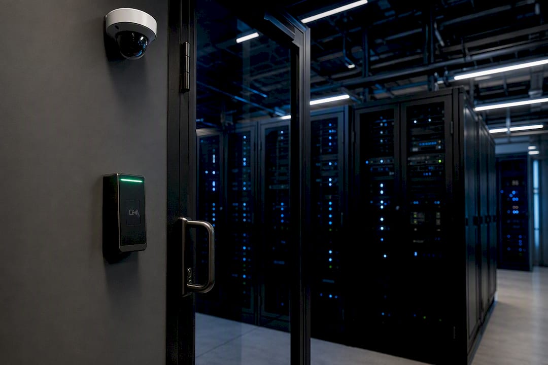 Server room door with badge reader and security camera