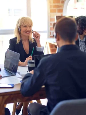 Business office communication systems with modern IP desk phones and VoIP technology for efficient business communication.